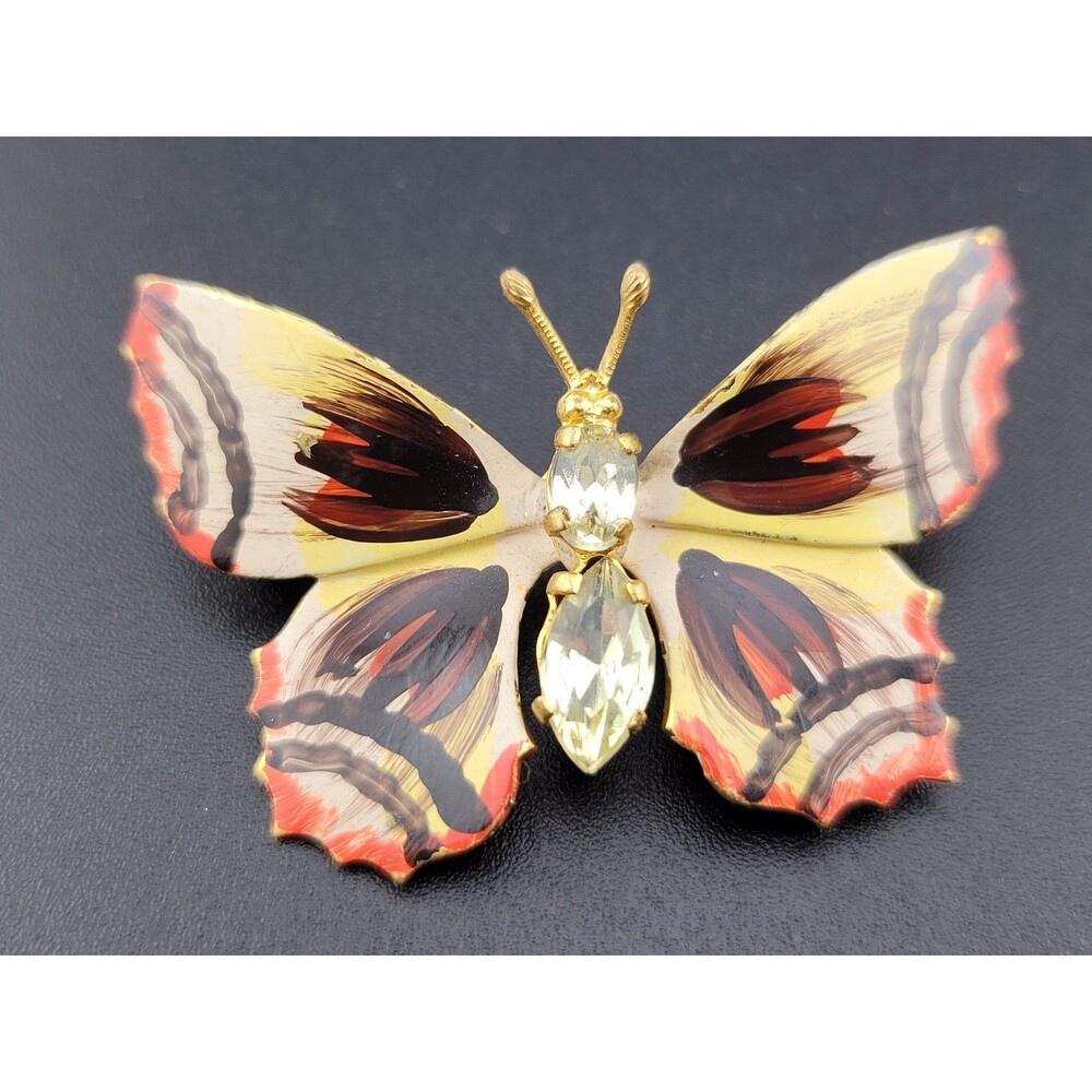 Vintage 1.75" Czech Yellow Rhinestone & Red Black Enamel 🦋 Butterfly Brooch Pin